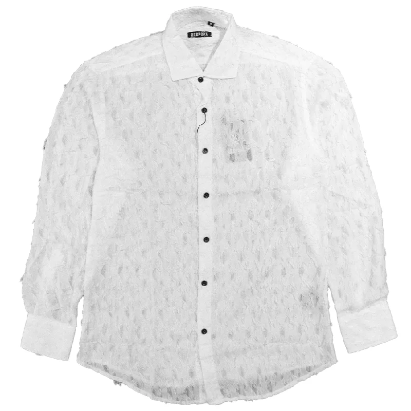 Bespoke Moda White See Through Feather Button Up Shirt