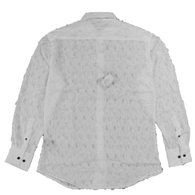 Bespoke Moda White See Through Feather Button Up Shirt