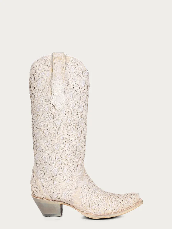 Corral Boots Women's White Glitter Overlay And Embroidery Triad Snip Toe Cowboy Boot