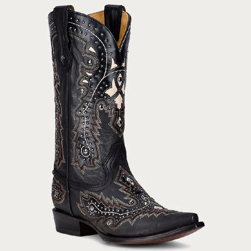 Corral Men's White Inlay Embroidered Snip Toe Black Cowboy Boots