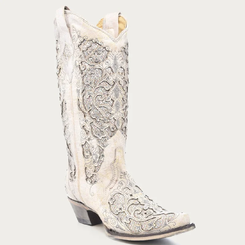 Corral Women's White Glitter Inlay Crystal Snip Toe Cowboy Boots