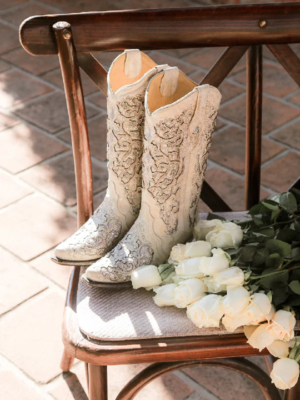 Corral Women's White Glitter Inlay Crystal Snip Toe Cowboy Boots