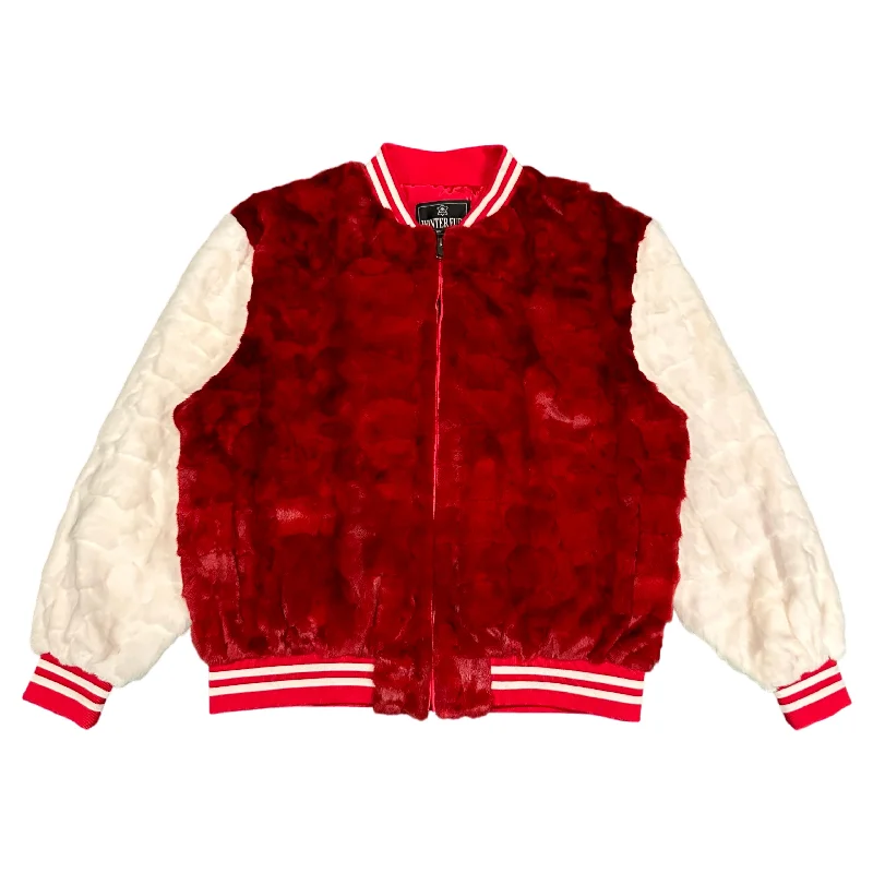 Kashani White/Red Diamond Cut Mink Fur Bomber Jacket