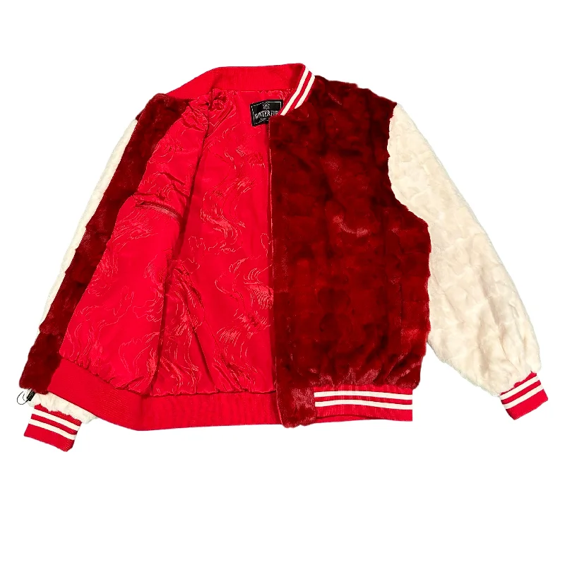 Kashani White/Red Diamond Cut Mink Fur Bomber Jacket