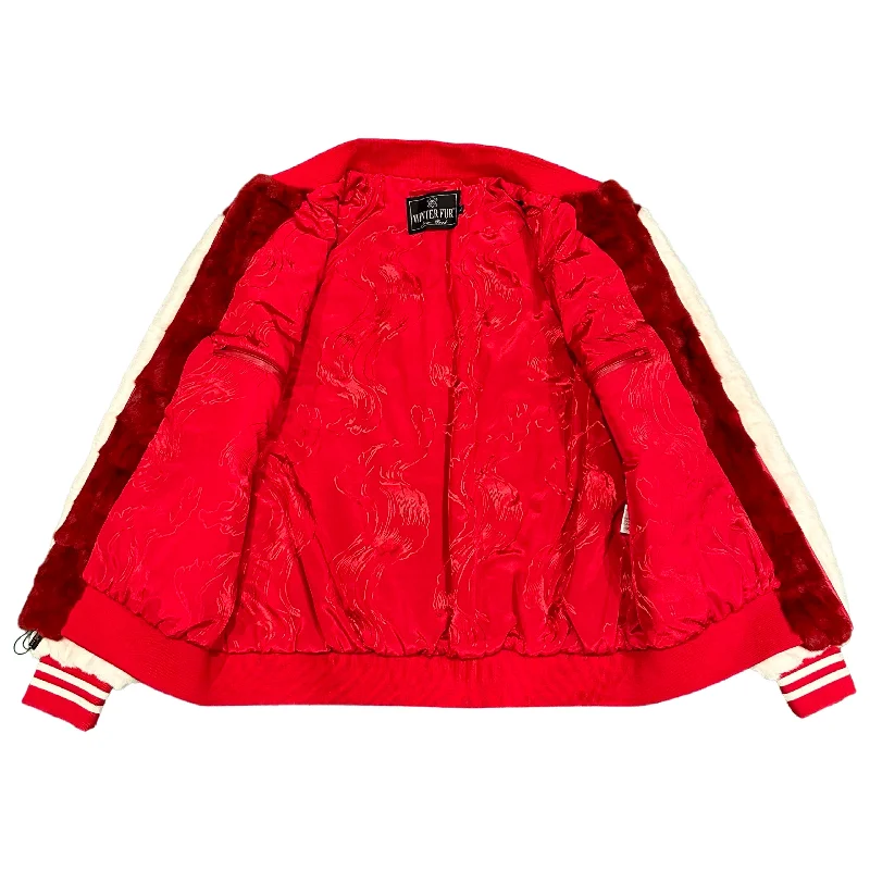 Kashani White/Red Diamond Cut Mink Fur Bomber Jacket