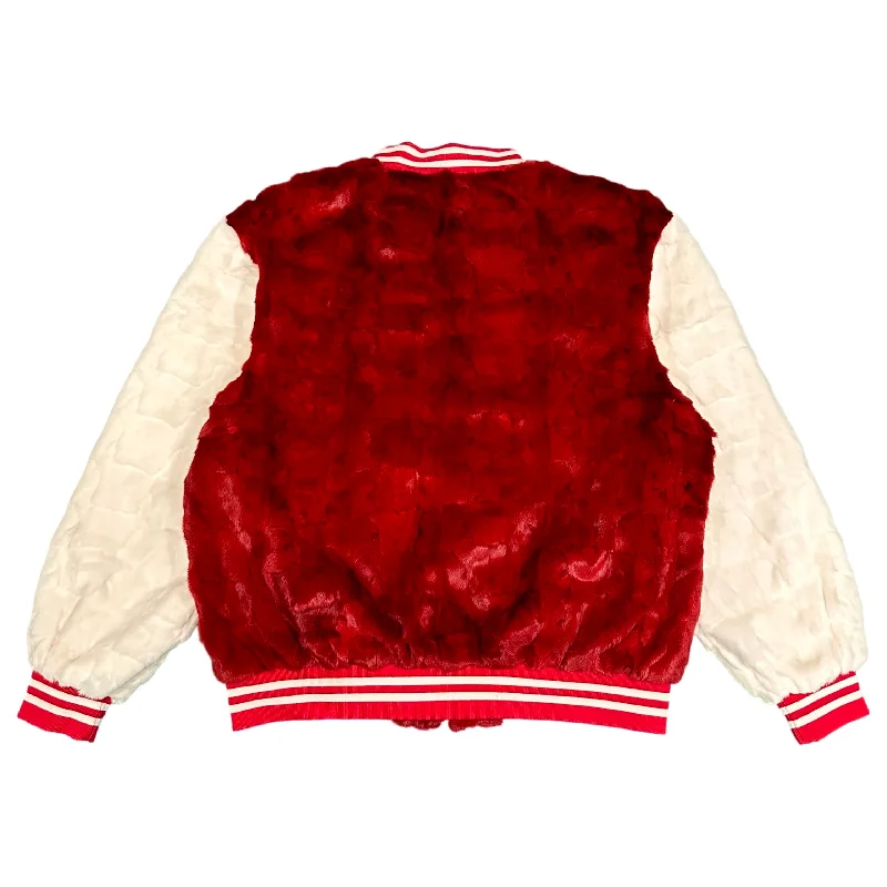 Kashani White/Red Diamond Cut Mink Fur Bomber Jacket