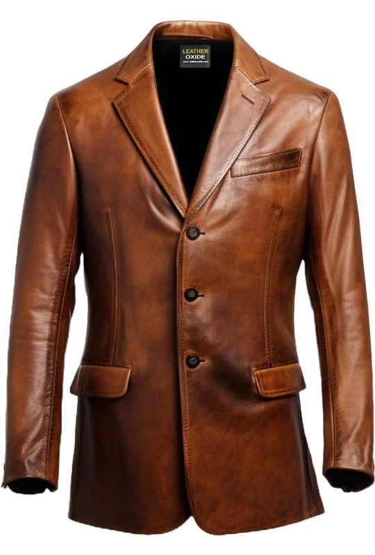 Men 3 Button Vintage Brown Leather Blazer