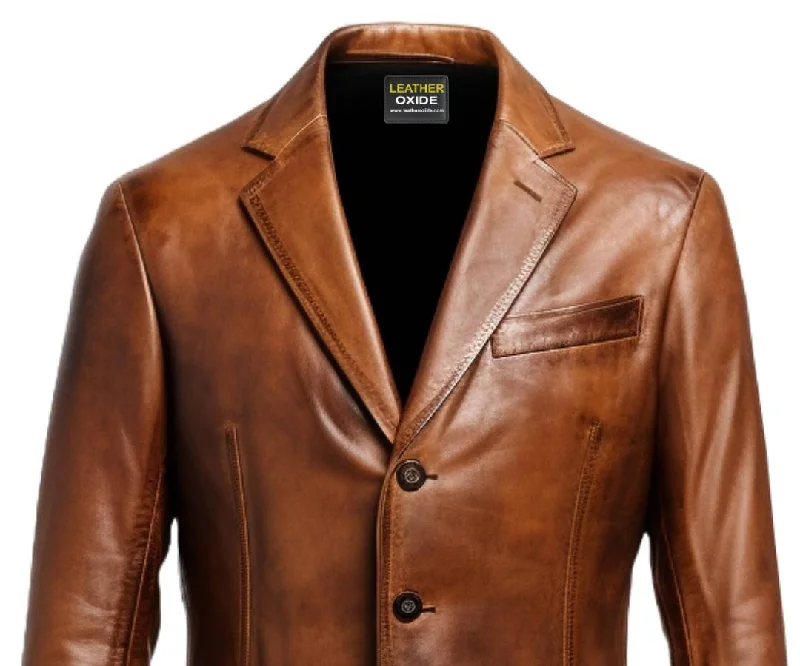 Men 3 Button Vintage Brown Leather Blazer