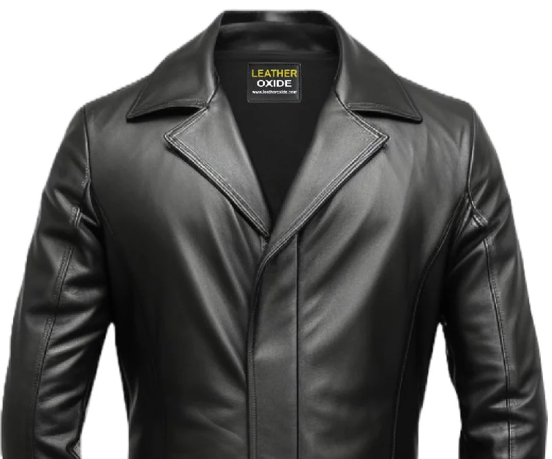 Men Black Long Leather Coat