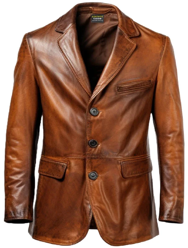 Men Brown Vintage Leather Blazer - Brown Leather Blazer