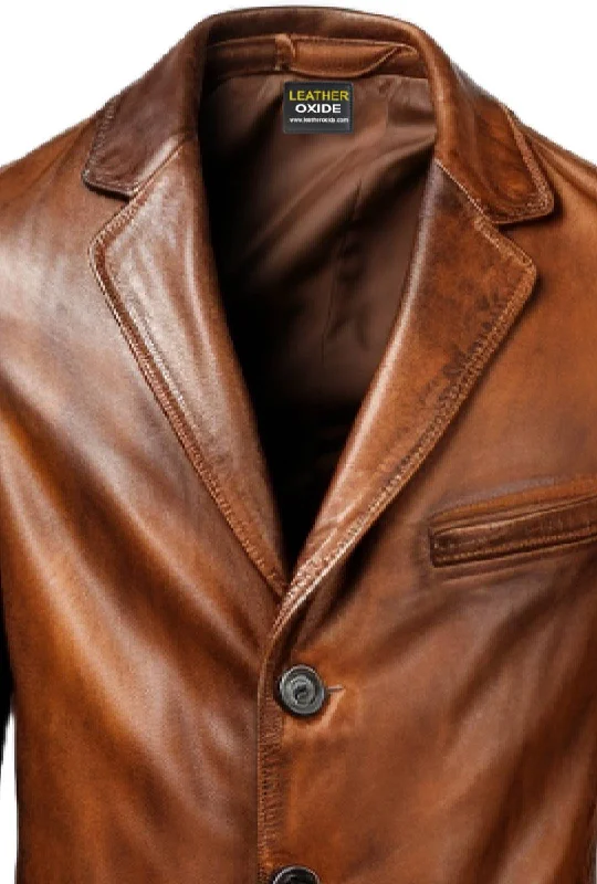 Men Brown Vintage Leather Blazer - Brown Leather Blazer