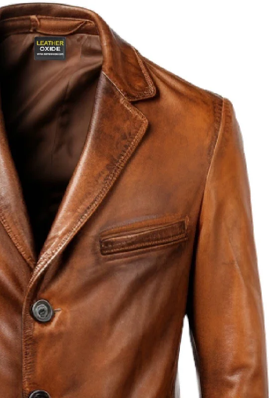 Men Brown Vintage Leather Blazer - Brown Leather Blazer