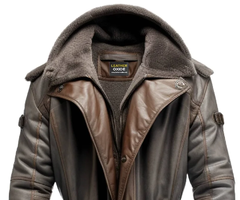 Men Dark Brown Leather Hooded Coat