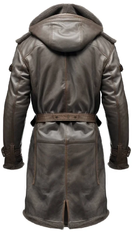 Men Dark Brown Leather Hooded Coat