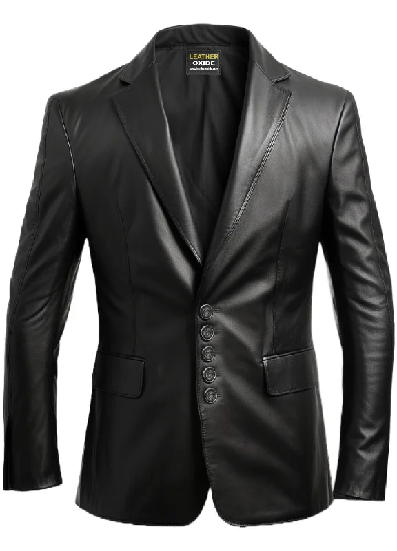 Men Five Button Black Leather Blazer