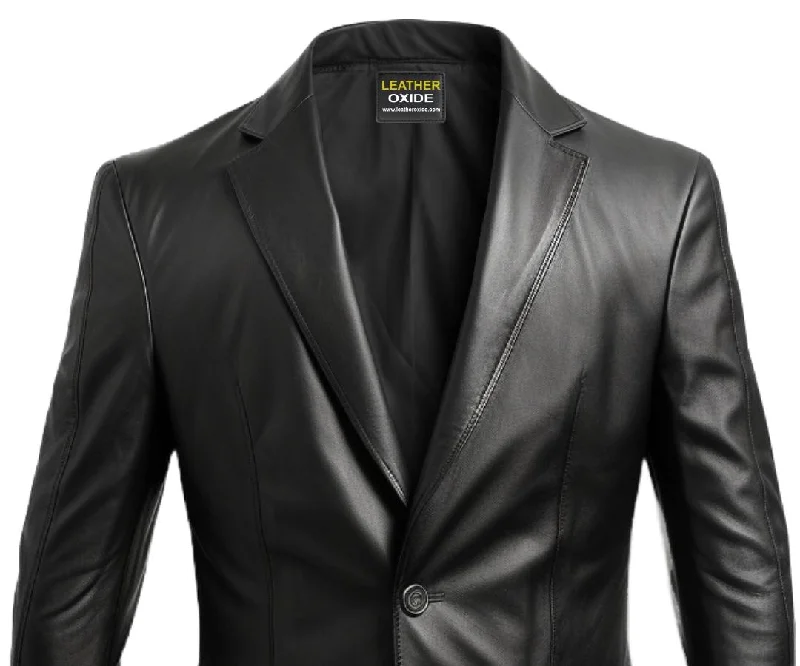 Men Five Button Black Leather Blazer