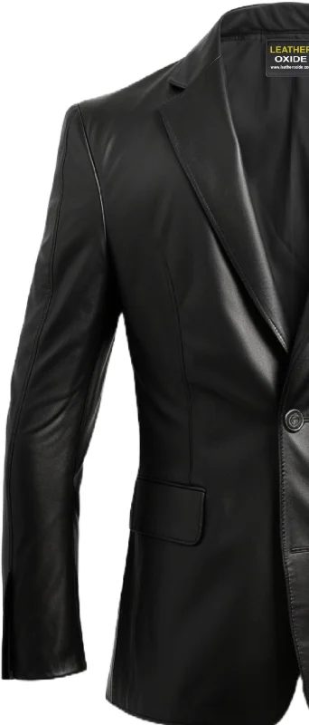 Men Five Button Black Leather Blazer