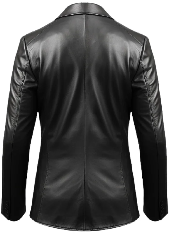 Men Five Button Black Leather Blazer