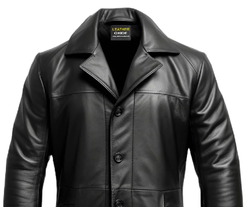 Men Flap Pockets Black Leather Coat