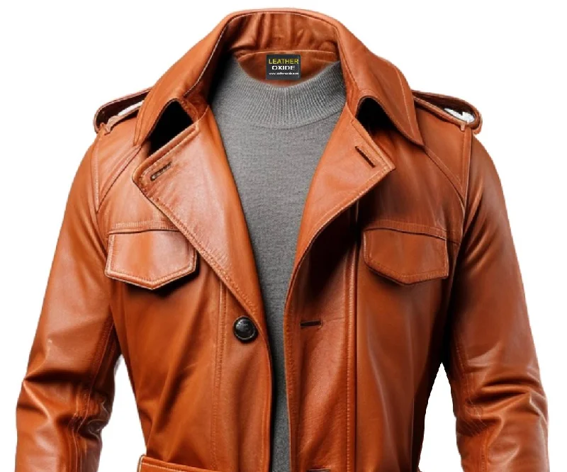 Men Long Leather Tan Color Coat