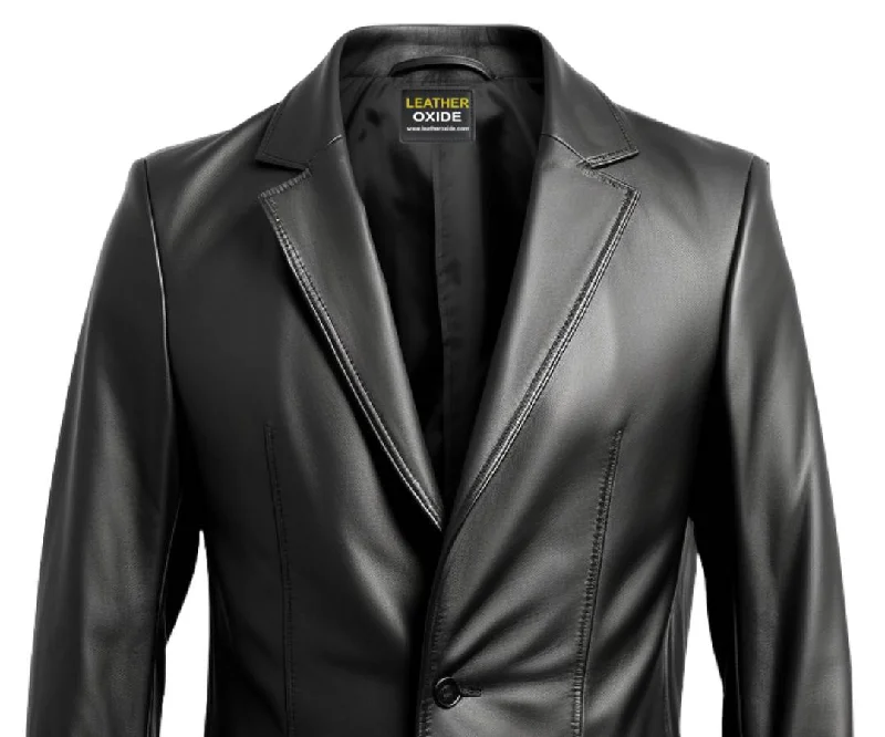 Men One Button Black Leather Blazer