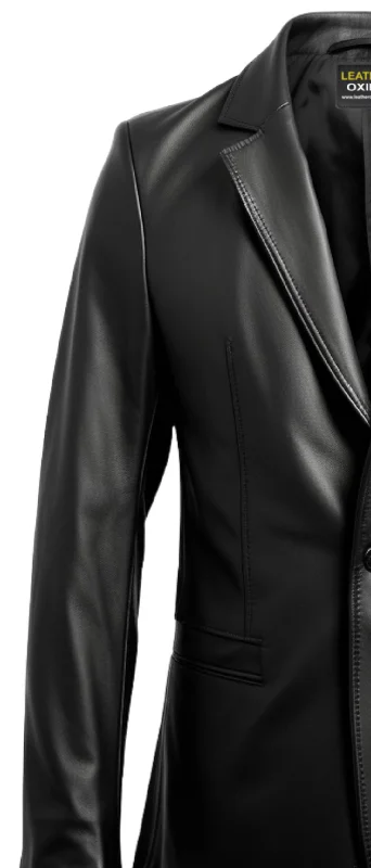 Men One Button Black Leather Blazer