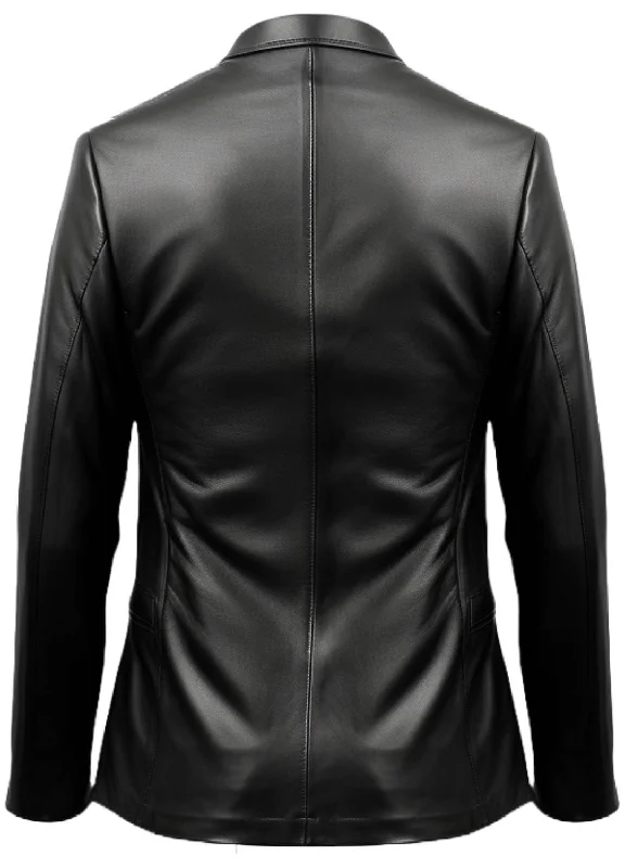 Men One Button Black Leather Blazer