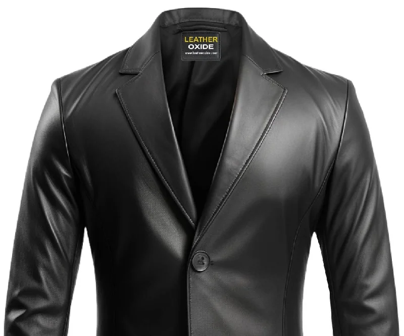 Men Two Button Black Leather Blazer