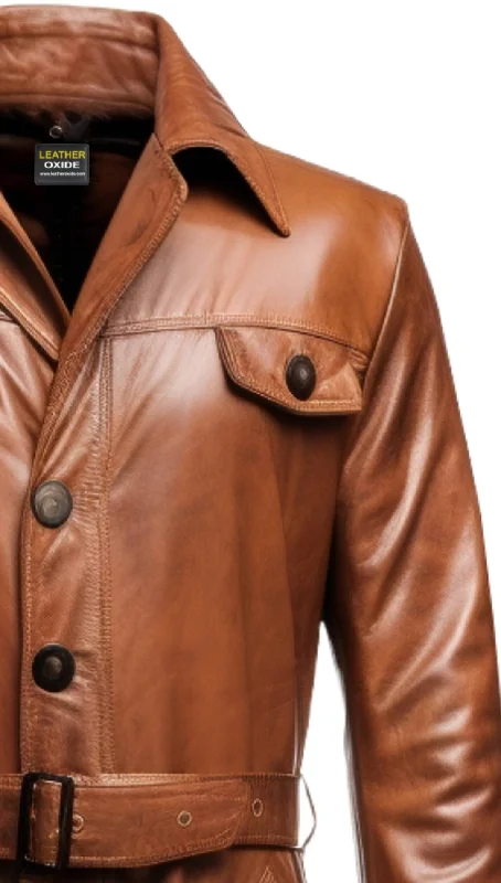 Men Vintage Brown Leather Coat- Long Leather Coat