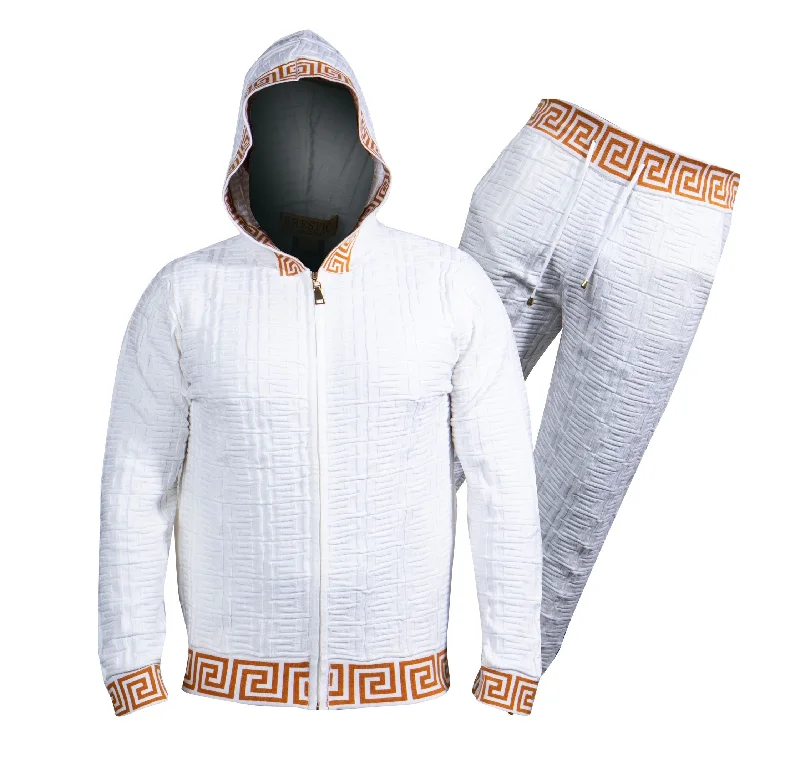 Prestige White Knit Greek Key Hooded Jogger Set