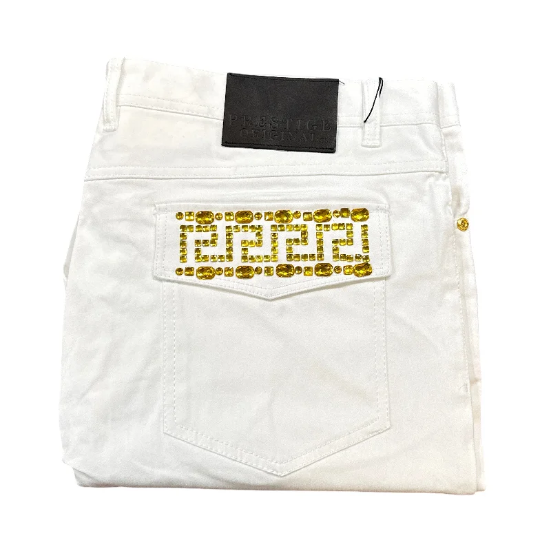 Prestige White Yellow Greek Key Crystal High End Pants