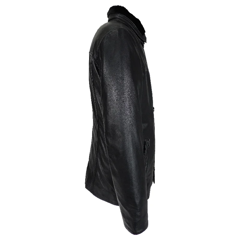 Ahsa Mens Leather Coat w/ Fur Collar