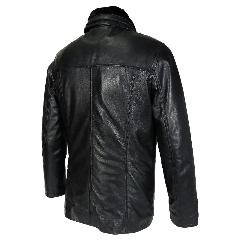 Ahsa Mens Leather Coat w/ Fur Collar