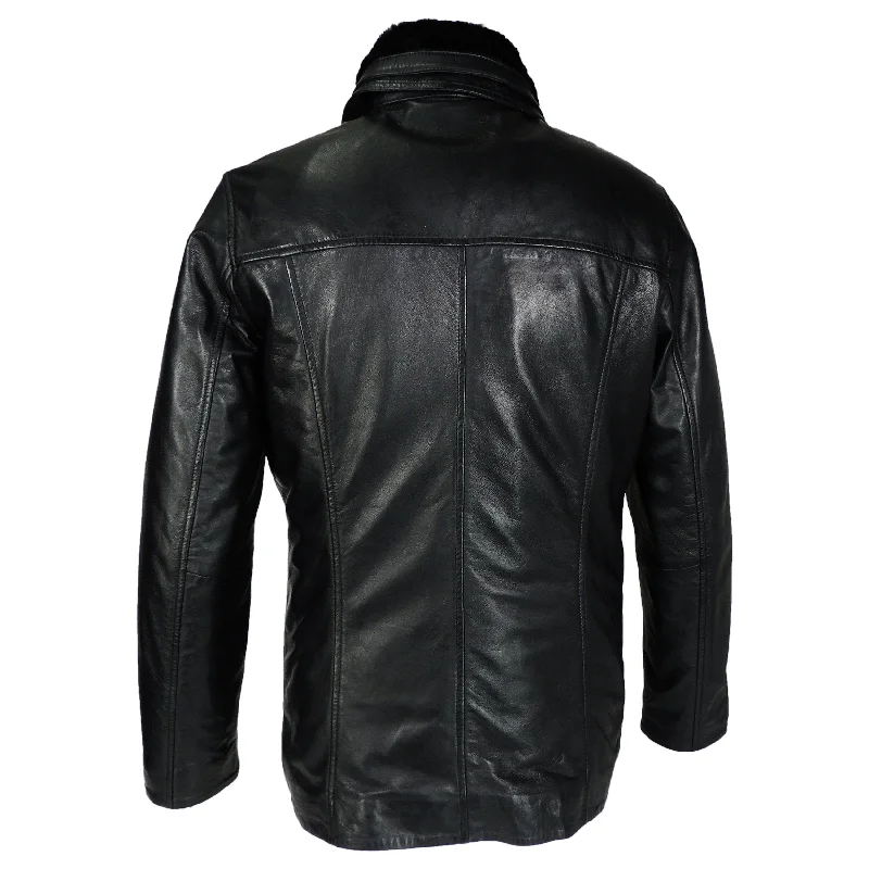 Ahsa Mens Leather Coat w/ Fur Collar