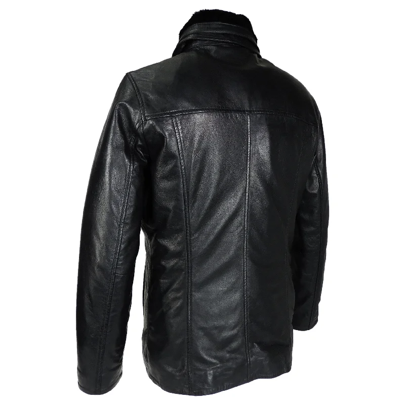 Ahsa Mens Leather Coat w/ Fur Collar