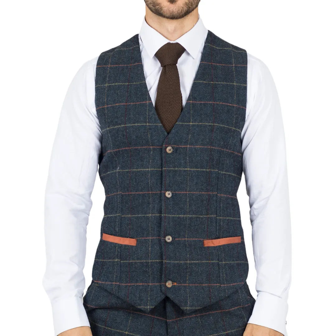 Archer - Men's Navy Checked Herringbone Tweed Waistcoat