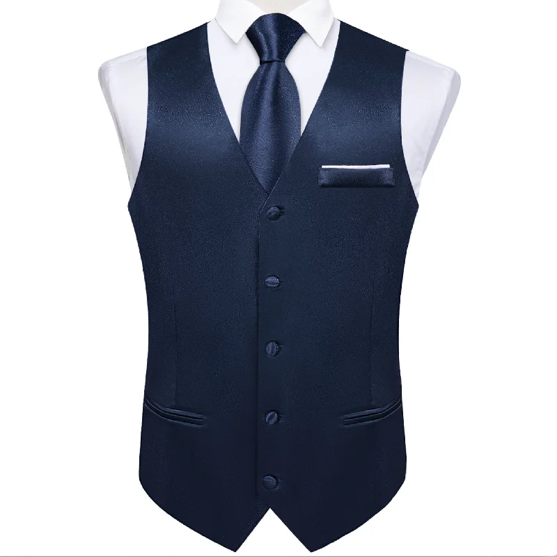 Dark Blue Solid Satin Waistcoat Vest Tie Handkerchief Cufflinks Set-MJ-0638