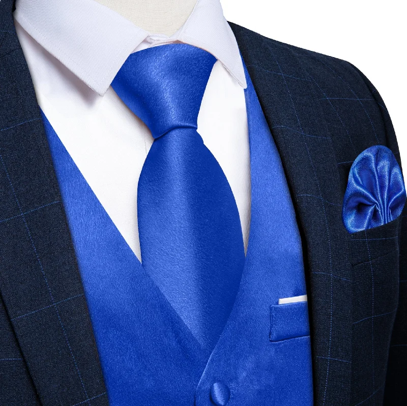 Blue Solid Satin Waistcoat Vest Tie Handkerchief Cufflinks Set- MJ-0642