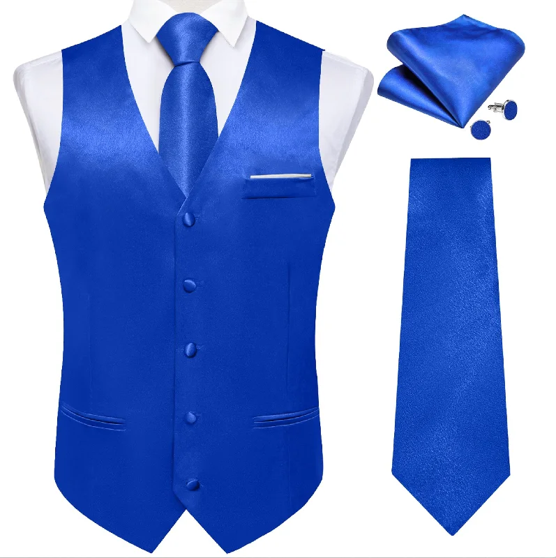 Blue Solid Satin Waistcoat Vest Tie Handkerchief Cufflinks Set- MJ-0642