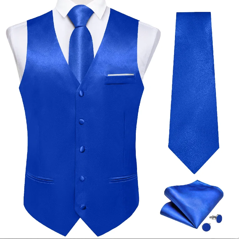 Blue Solid Satin Waistcoat Vest Tie Handkerchief Cufflinks Set- MJ-0642