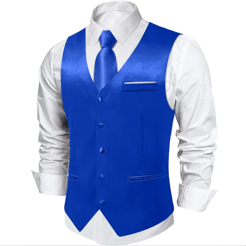 Blue Solid Satin Waistcoat Vest Tie Handkerchief Cufflinks Set- MJ-0642