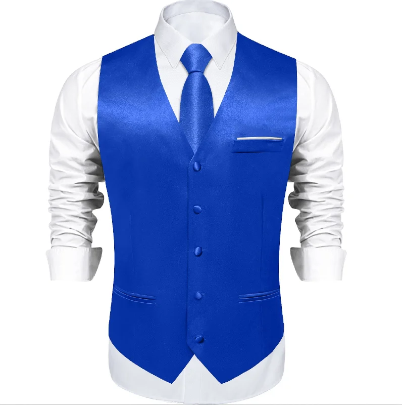 Blue Solid Satin Waistcoat Vest Tie Handkerchief Cufflinks Set- MJ-0642