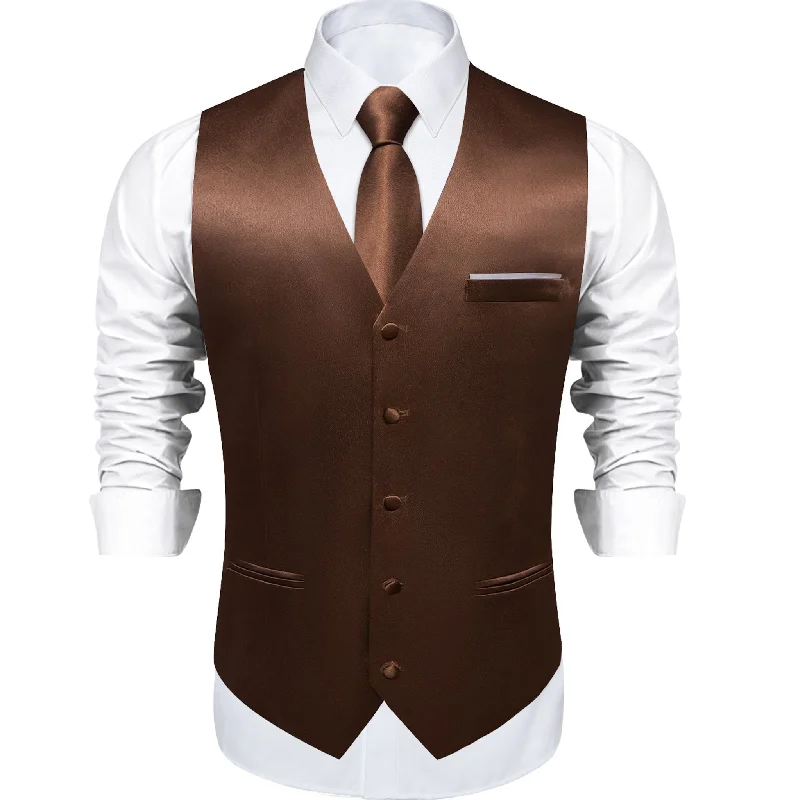 Brown Solid Satin Waistcoat Vest Tie Handkerchief Cufflinks Set- MJ-0653