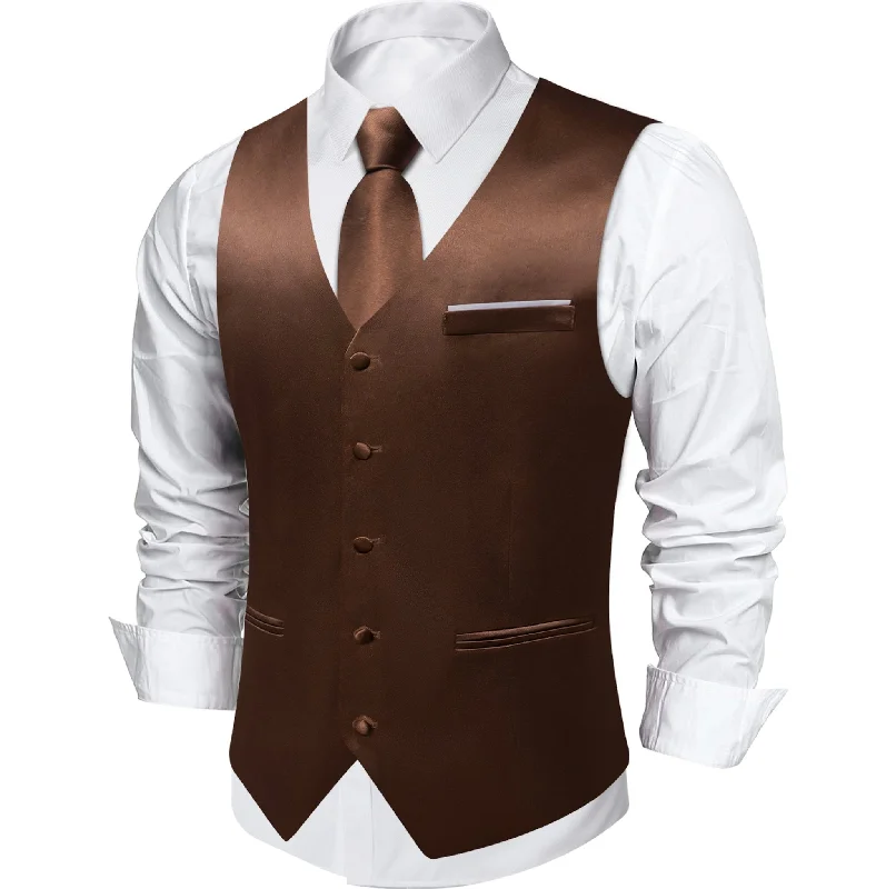 Brown Solid Satin Waistcoat Vest Tie Handkerchief Cufflinks Set- MJ-0653