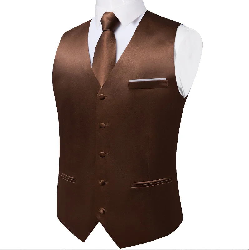 Brown Solid Satin Waistcoat Vest Tie Handkerchief Cufflinks Set- MJ-0653