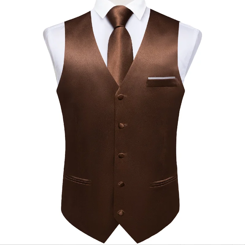 Brown Solid Satin Waistcoat Vest Tie Handkerchief Cufflinks Set- MJ-0653