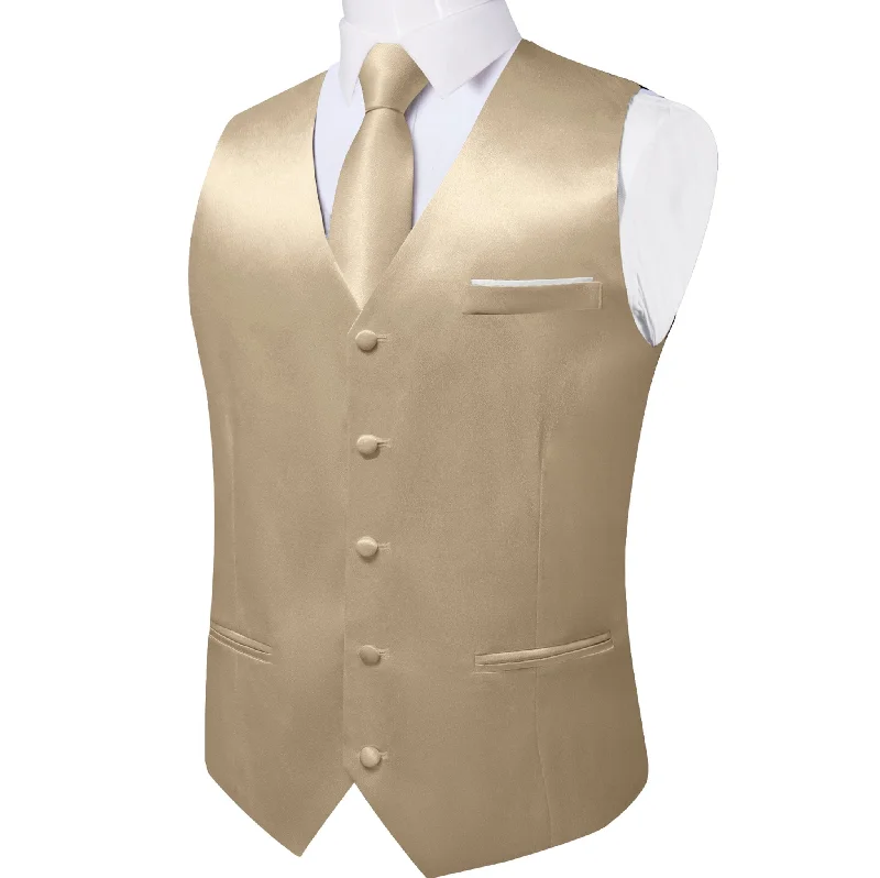 Champagne Solid Satin Waistcoat Vest Tie Handkerchief Cufflinks Set- MJ-0652