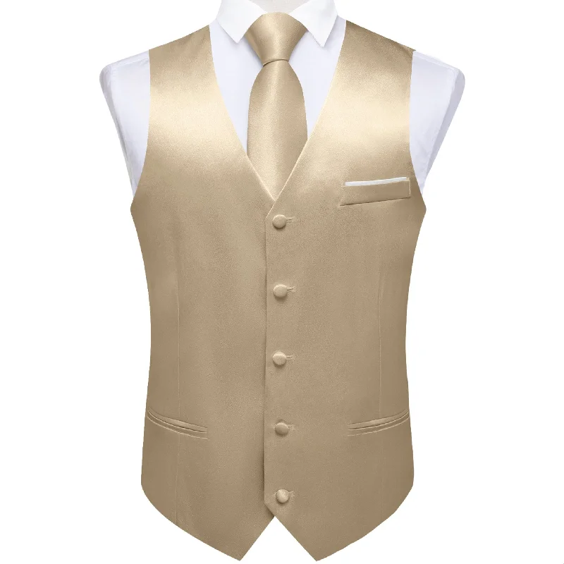 Champagne Solid Satin Waistcoat Vest Tie Handkerchief Cufflinks Set- MJ-0652