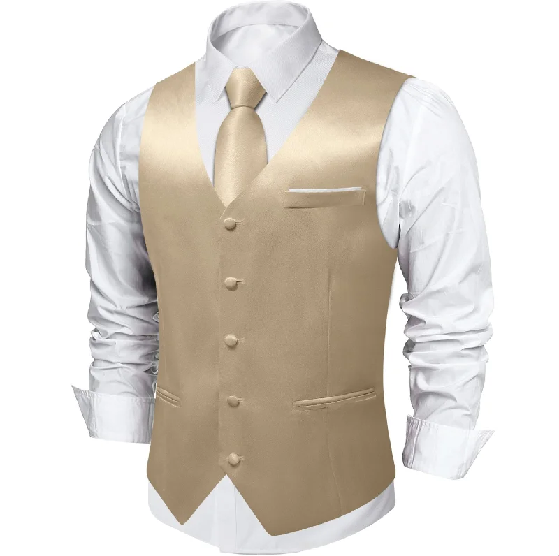 Champagne Solid Satin Waistcoat Vest Tie Handkerchief Cufflinks Set- MJ-0652