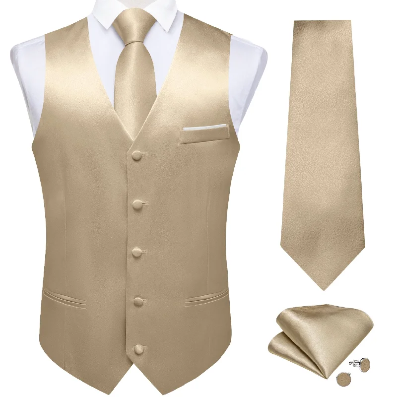 Champagne Solid Satin Waistcoat Vest Tie Handkerchief Cufflinks Set- MJ-0652